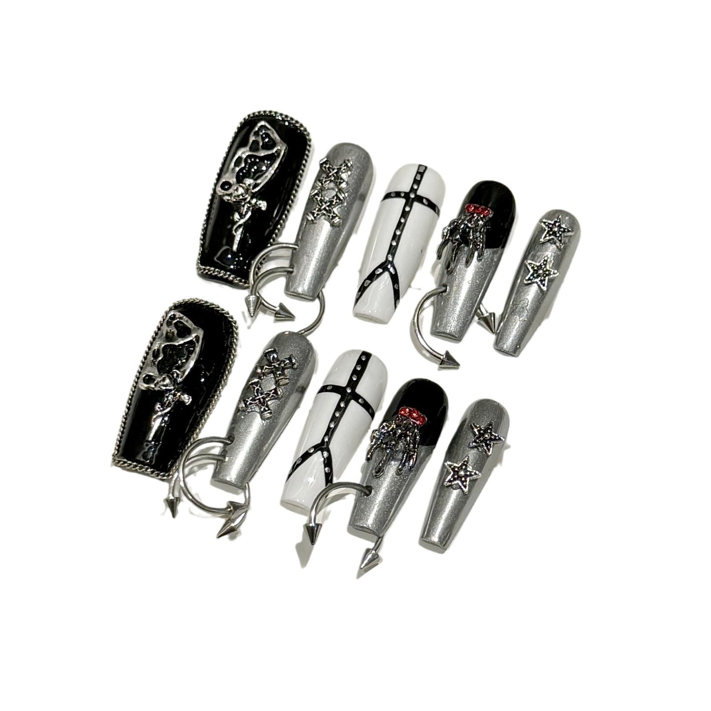 121-Gothic Black Silver Press On Nails with Skull & Cross Charms | Punk Y2K Statement Nails