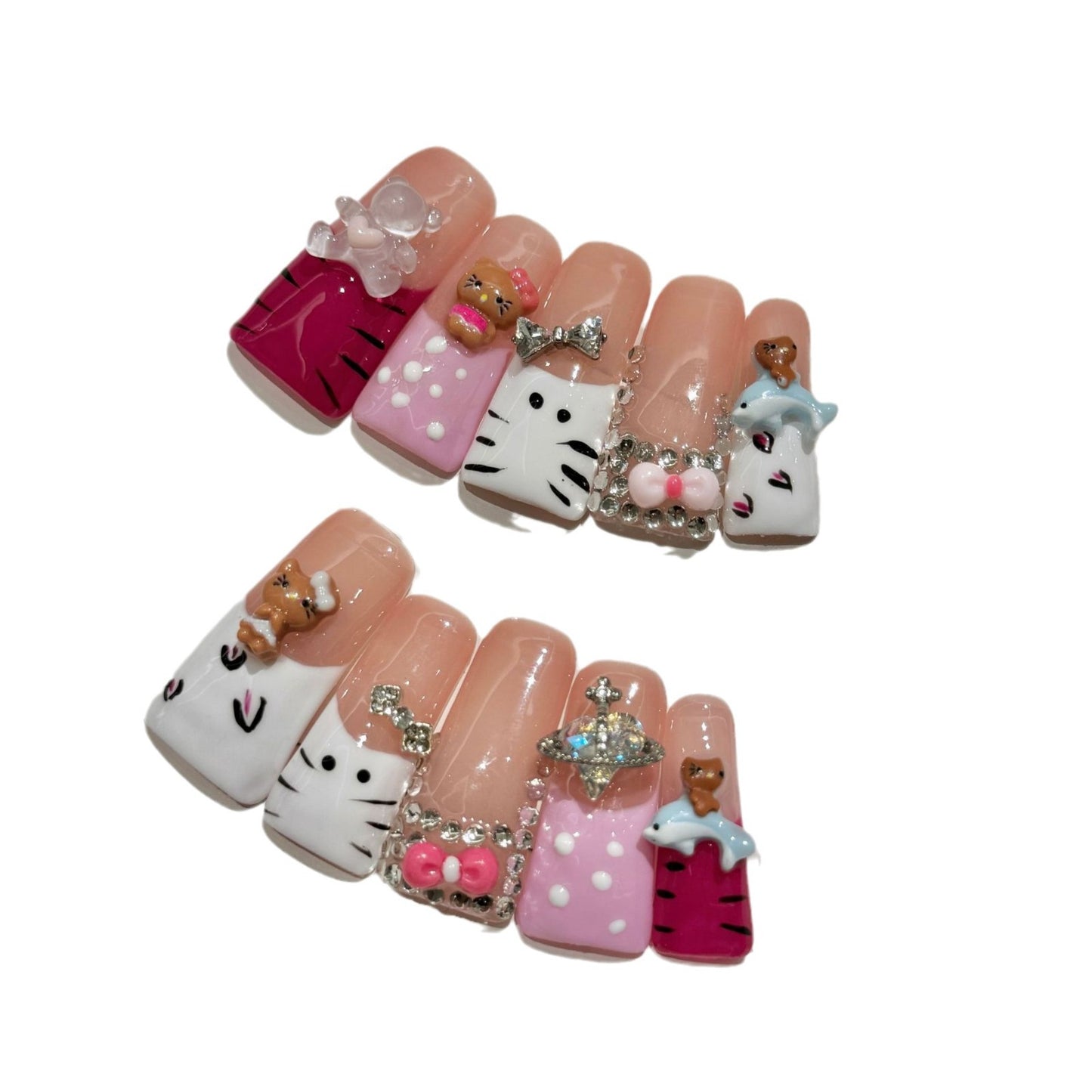 152-Artisan Hand-Painted Duck Nails | Tiger Stripe & Butterfly Press On Nails | 100% Handmade Custom Nails