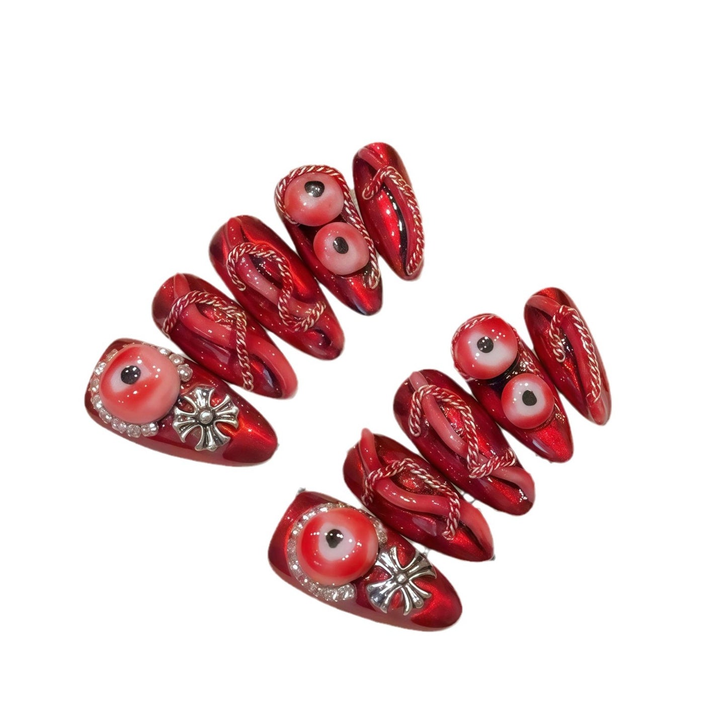 1682-Gothic Red Snake & Evil Eye Press On Nails | Metallic Chrome Y2K Halloween Set
