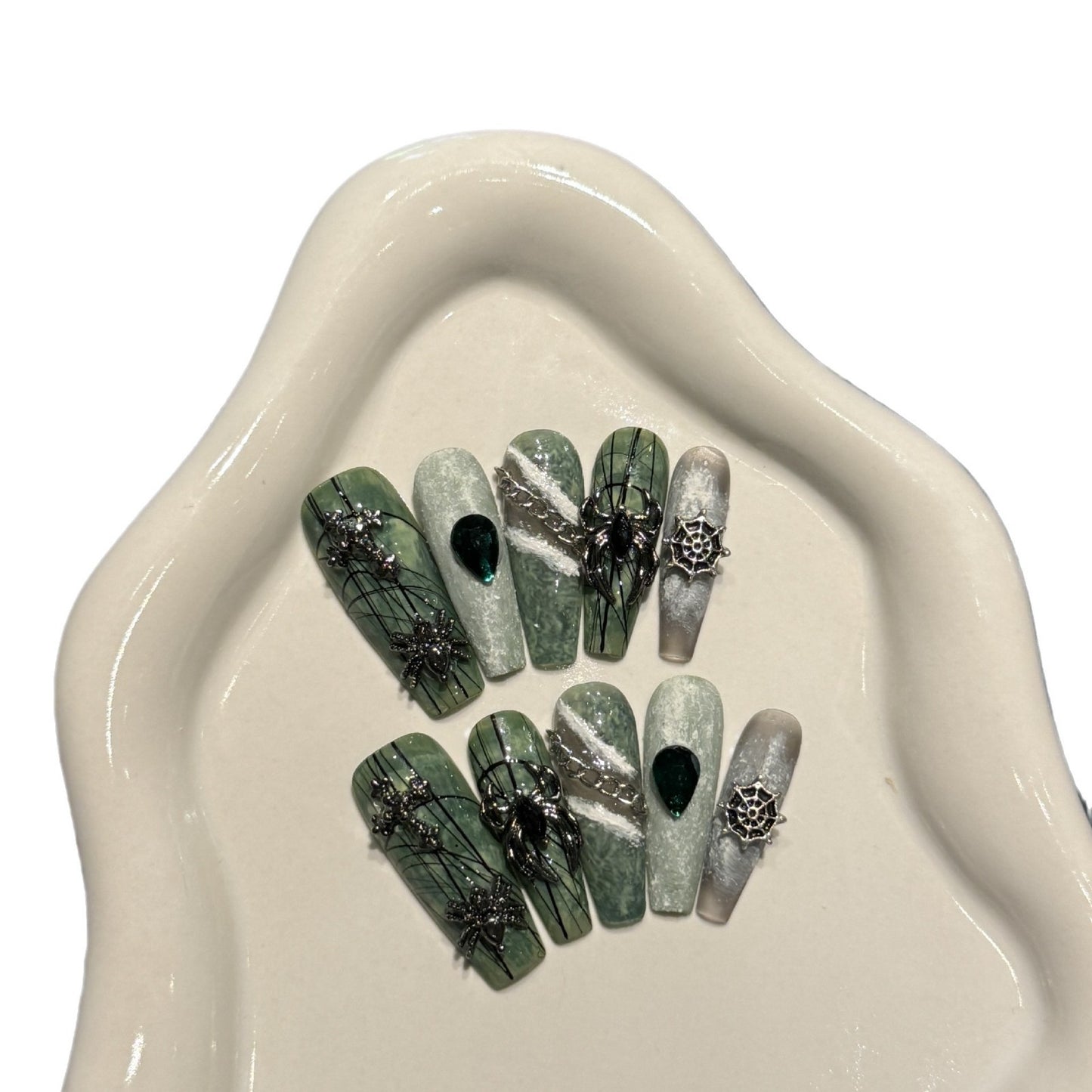 1872-Dark Green Spider Web Press On Nails with Spider Charms | Gothic Halloween Set