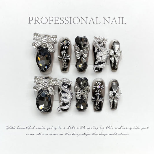 AHZG-Midnight Dragon Press On Nails | Silver Bow & Gothic Heart Luxury Art