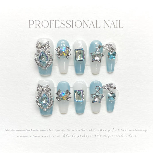 BCHD-Baby Blue Ombre Press On Nails | Crystal Star & Butterfly Fairy Art