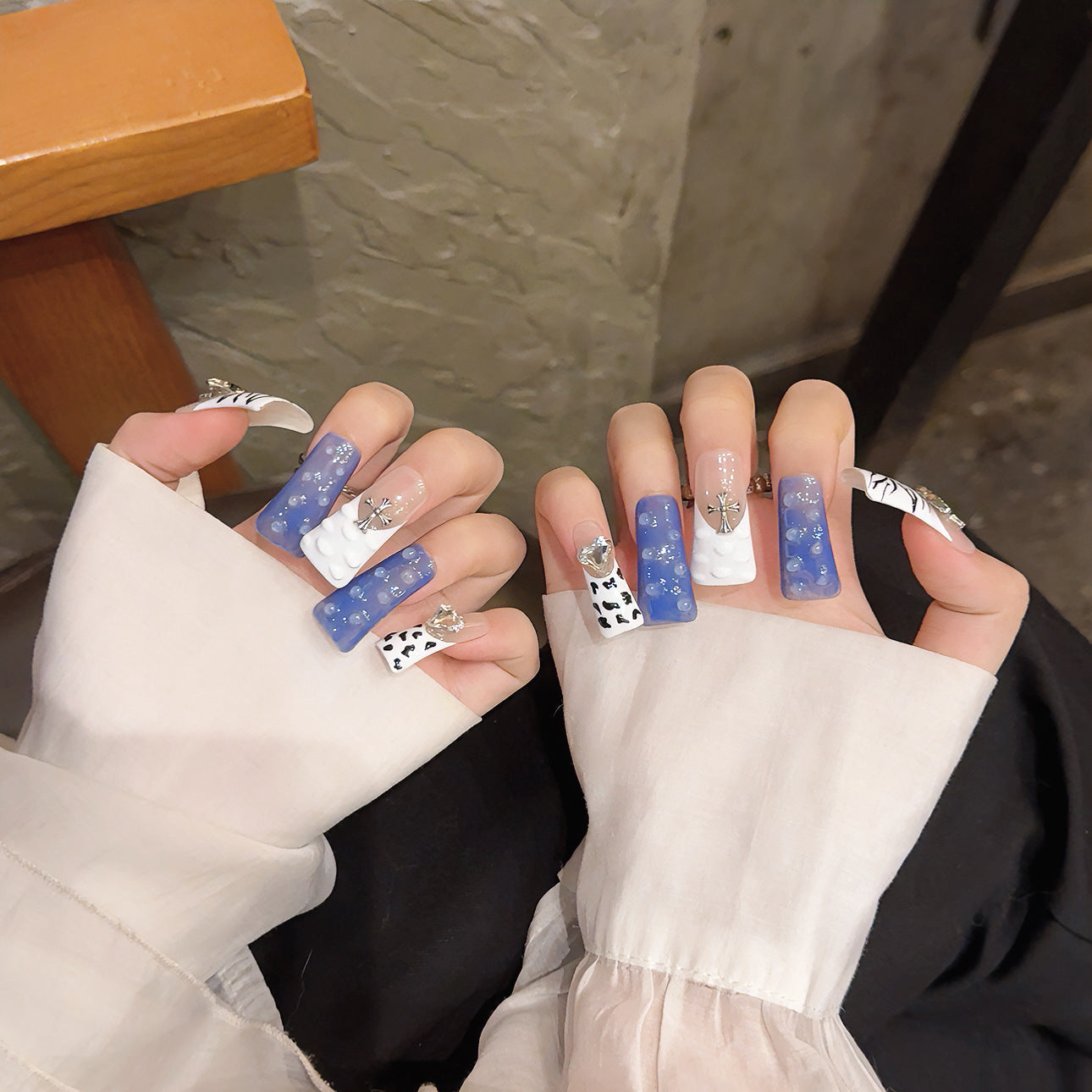 2130-Artisan Hand-Painted Duck Nails | Silver Planet & Mixed Animal Print Press Ons | 100% Handmade Cyber-Y2K Nails