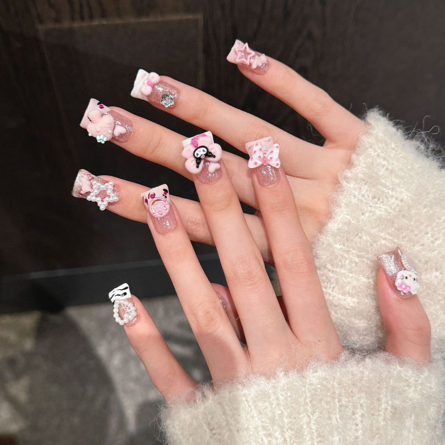 2699-Artisan Sanrio Duck Nails | 3D cat Charms | Luxury Pink Glitter Gyaru Press Ons