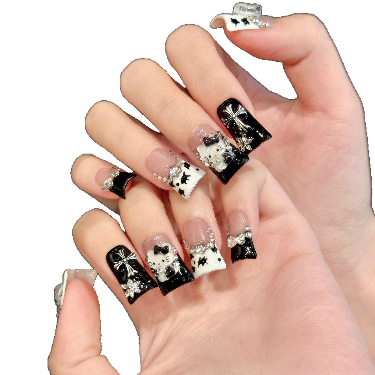 2838-Artisan "Gossamer Goth" Kitty Duck Nails | Hand-Painted Spider Web & 3D Charms | Y2K Nude Flare Press Ons