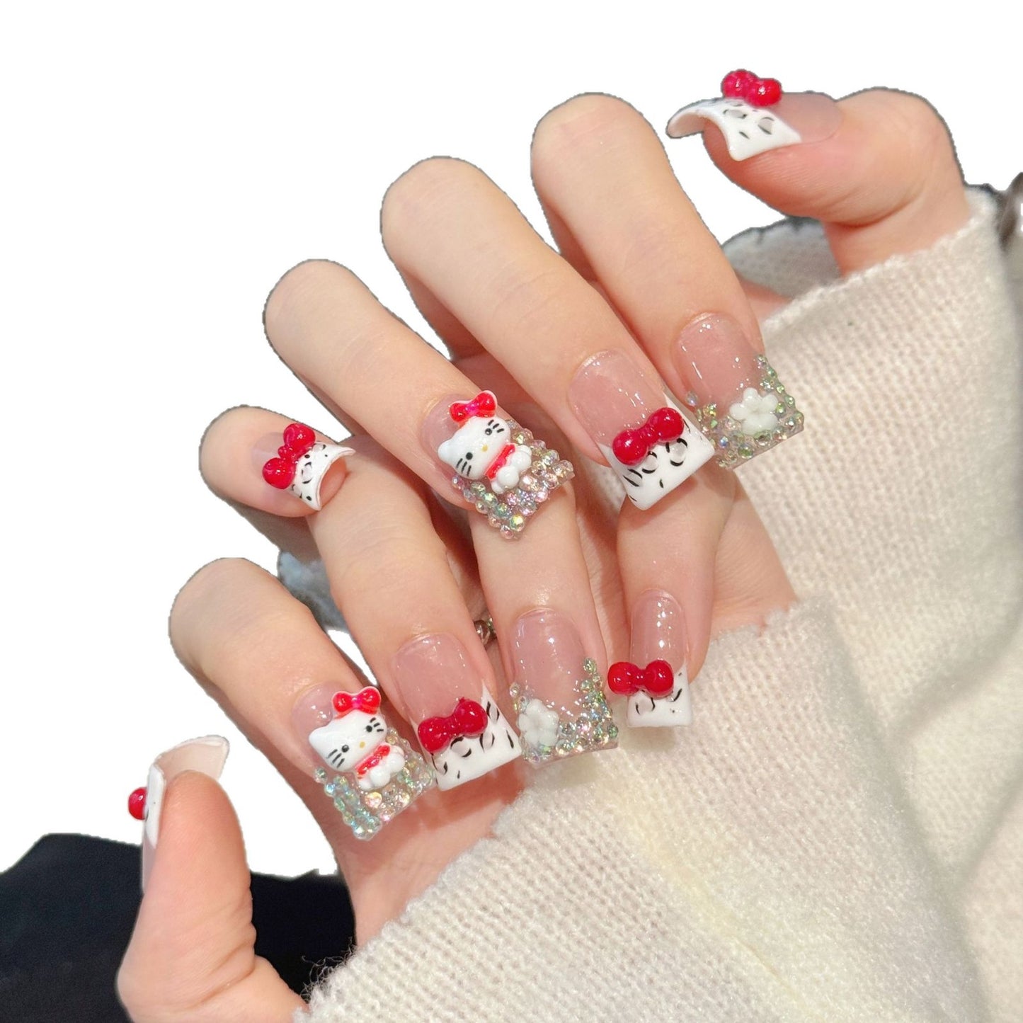 2851-Artisan "Chun-Li Kitty" Duck Nails | Hand-Painted Blue & Red Bow | 3D Hello Kitty Kawaii Press Ons