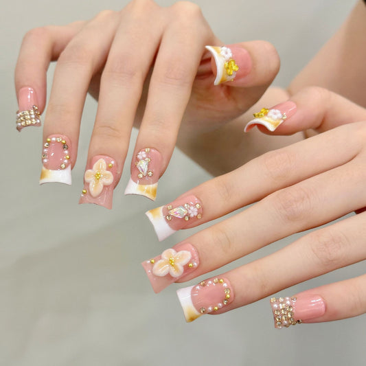 2953-Nude Pink French Press On Nails with 3D Flower & Rhinestones | Elegant Daily Wear