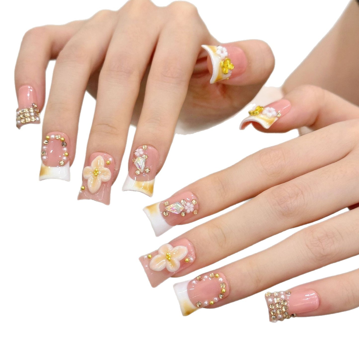 2953-Nude Pink French Press On Nails with 3D Flower & Rhinestones | Elegant Daily Wear
