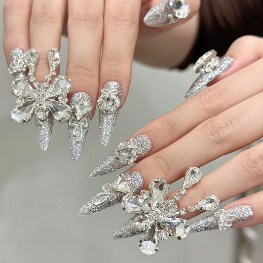 A5-Silver Diamond Butterfly Press On Nails | Extreme Glitz Luxury Handmade