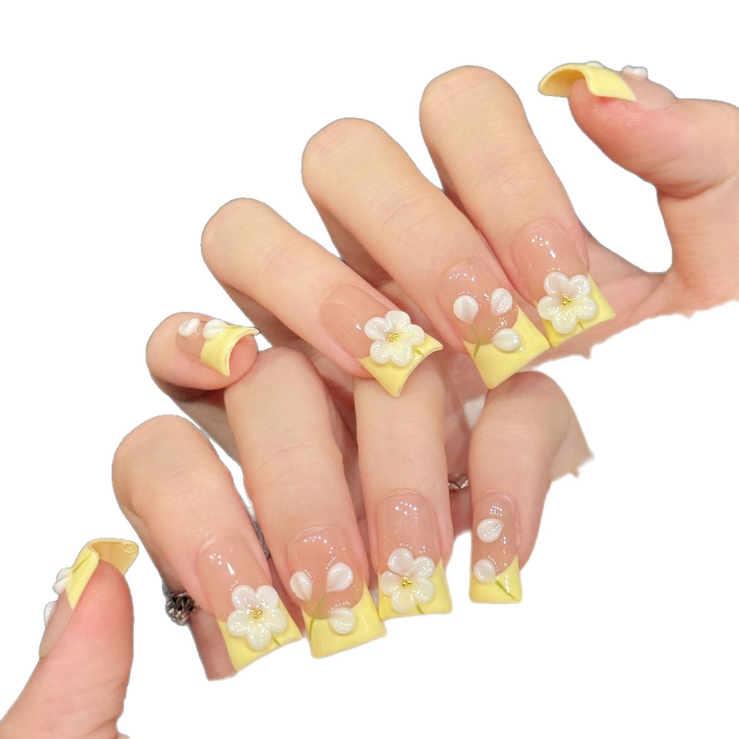 3290-Nude Pink & Yellow French Press On Nails with 3D Flower | Fresh Spring Summer Style