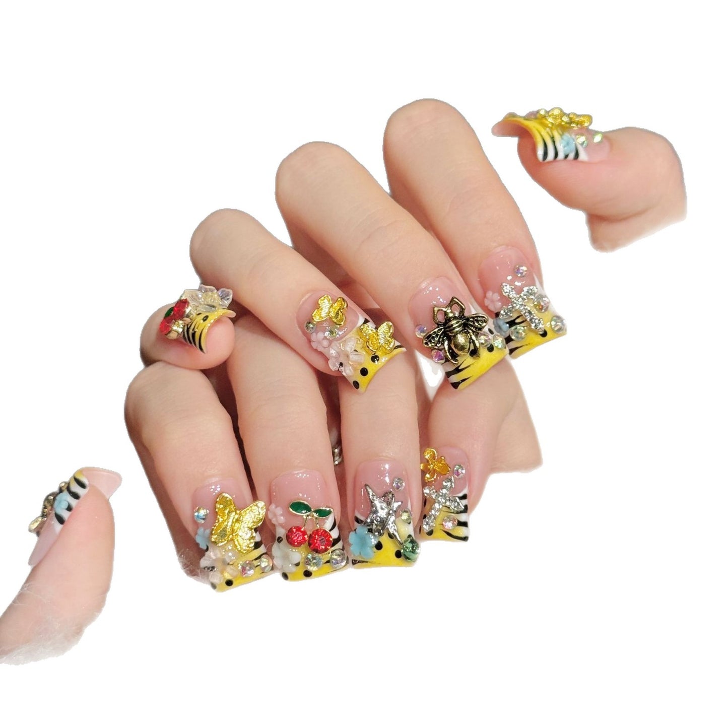 3388-Nude Pink Leopard Duck Nails Press On with Bee & Butterfly Charms | Y2K Statement Nails