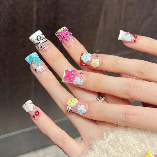 3389-Duck Nails - 3D Floral Butterfly Press Ons | Short Square Y2K Cute Nails