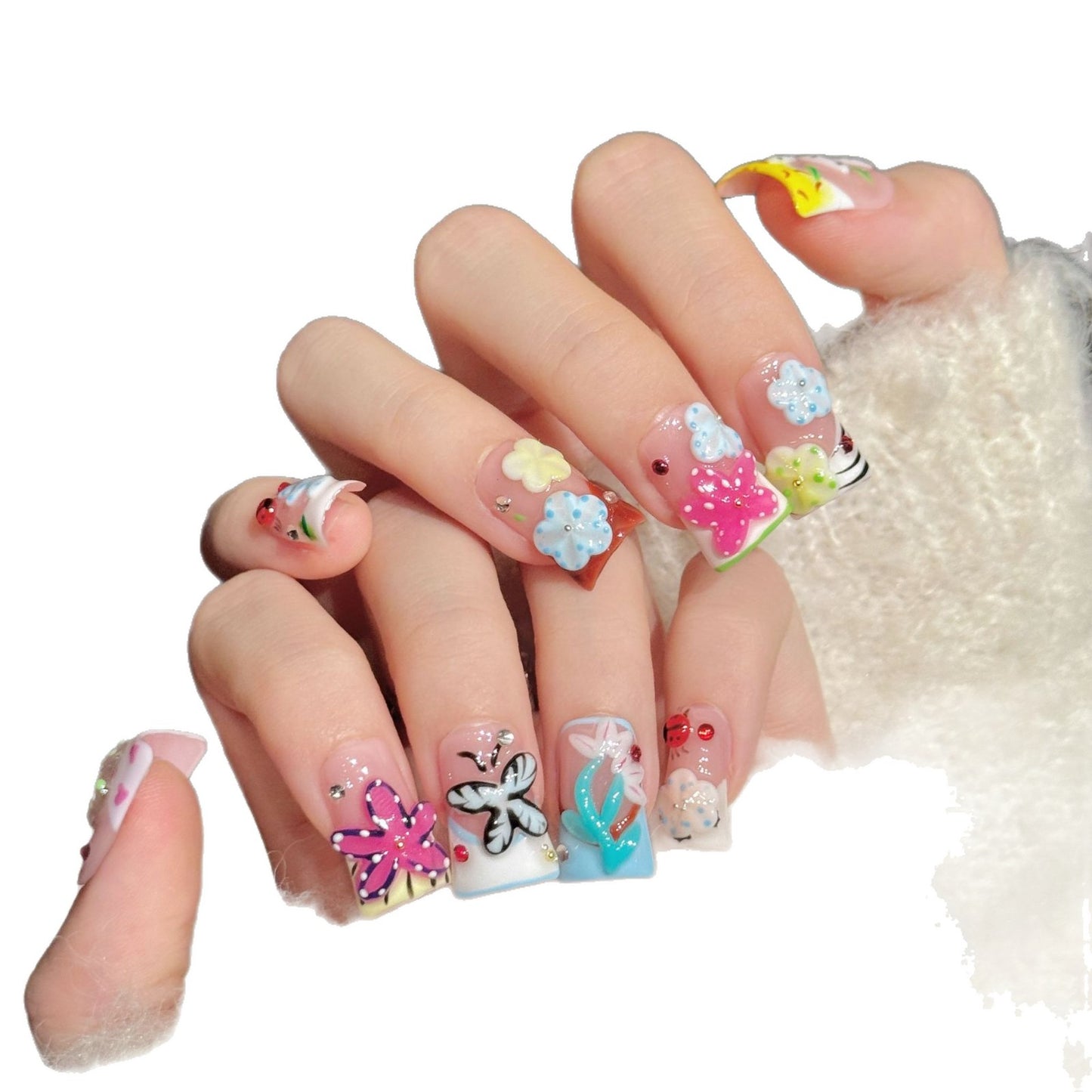 3389-Duck Nails - 3D Floral Butterfly Press Ons | Short Square Y2K Cute Nails