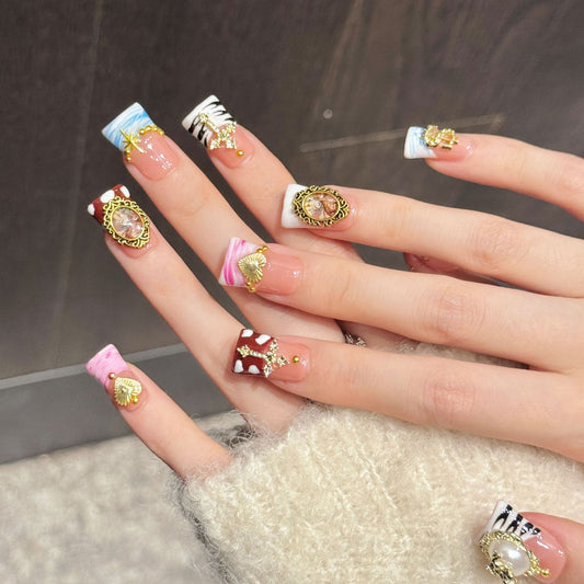 3390-Duck Nails - Vintage Baroque Press Ons | Short Square Cross Portrait Nails