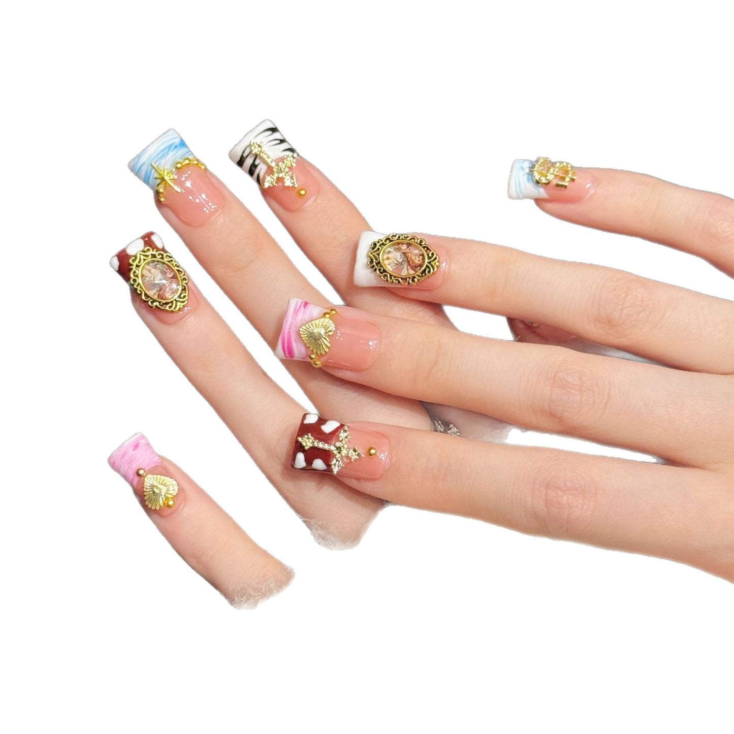 3390-Duck Nails - Vintage Baroque Press Ons | Short Square Cross Portrait Nails