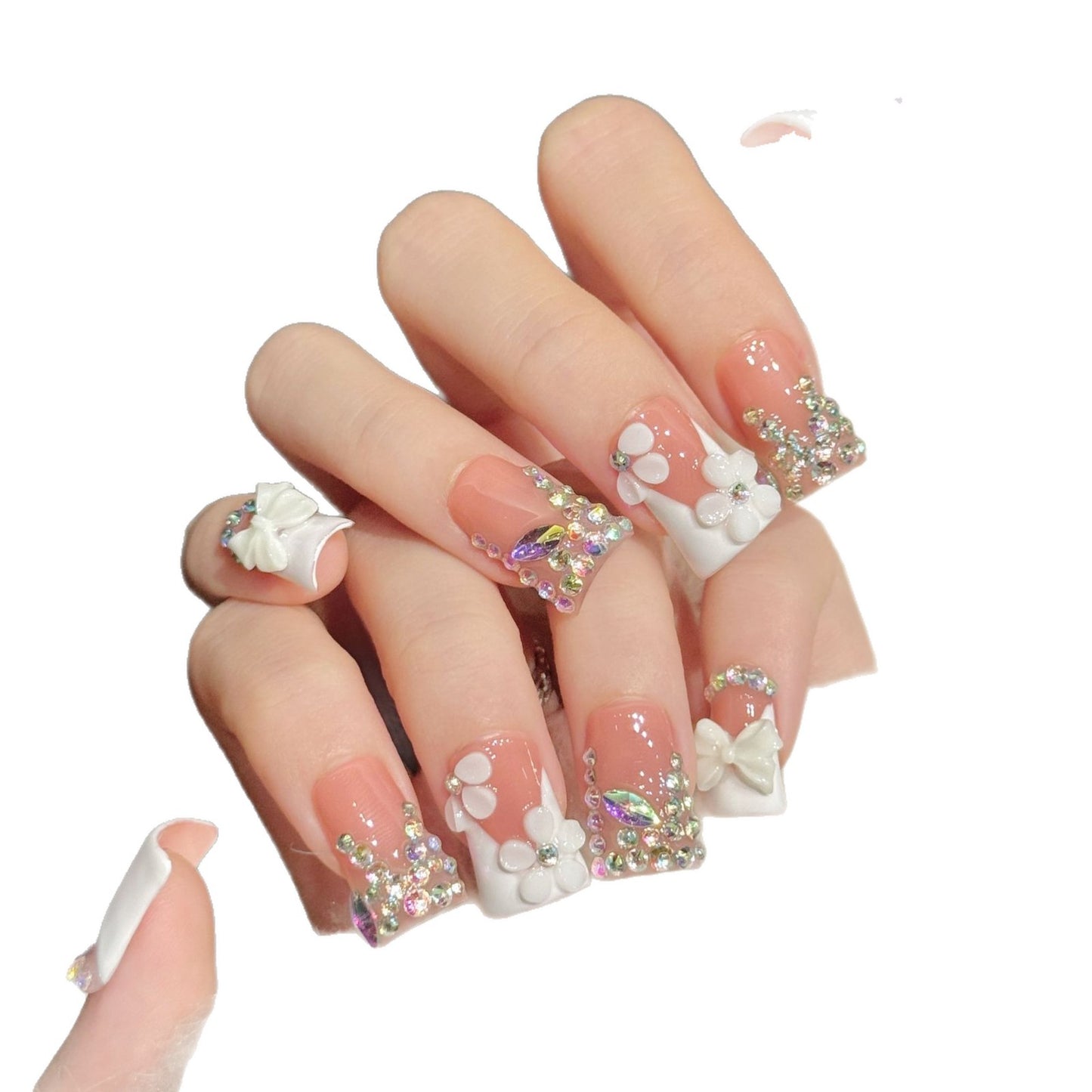 3391-Duck Nails - Coral Pink Rhinestone Press Ons | Short Square Bow Nails