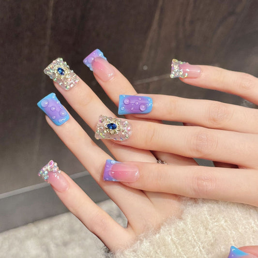 3393-Duck Nails - Pink Purple Gradient Press Ons | Gem Rhinestone Y2K Nails