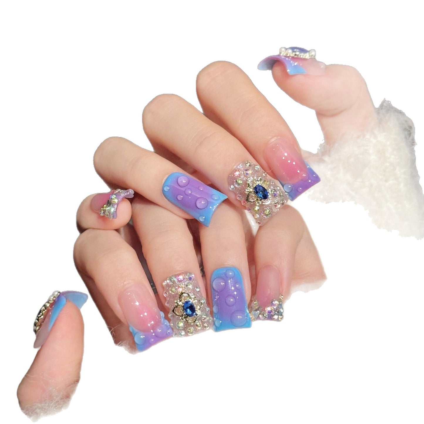 3393-Duck Nails - Pink Purple Gradient Press Ons | Gem Rhinestone Y2K Nails