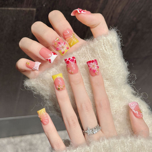 3394-Duck Nails - Spring Floral Press Ons | Short Square Pink Yellow Nail