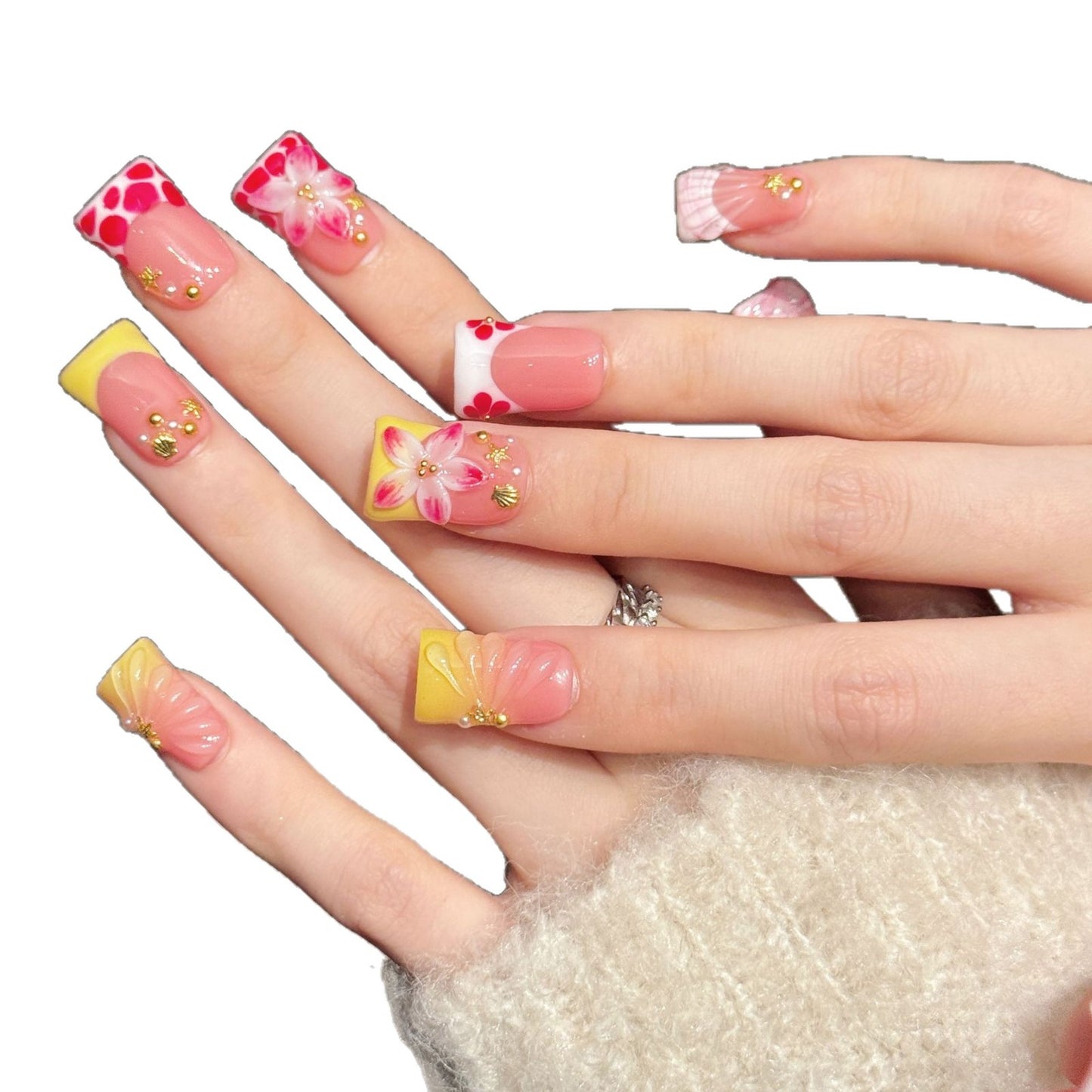 3394-Duck Nails - Spring Floral Press Ons | Short Square Pink Yellow Nail