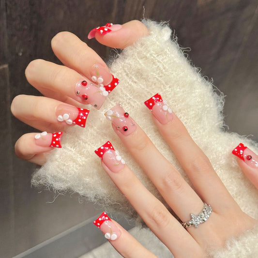 3395-Duck Nails - Red Polka Dot Press Ons | Short Square French Nails