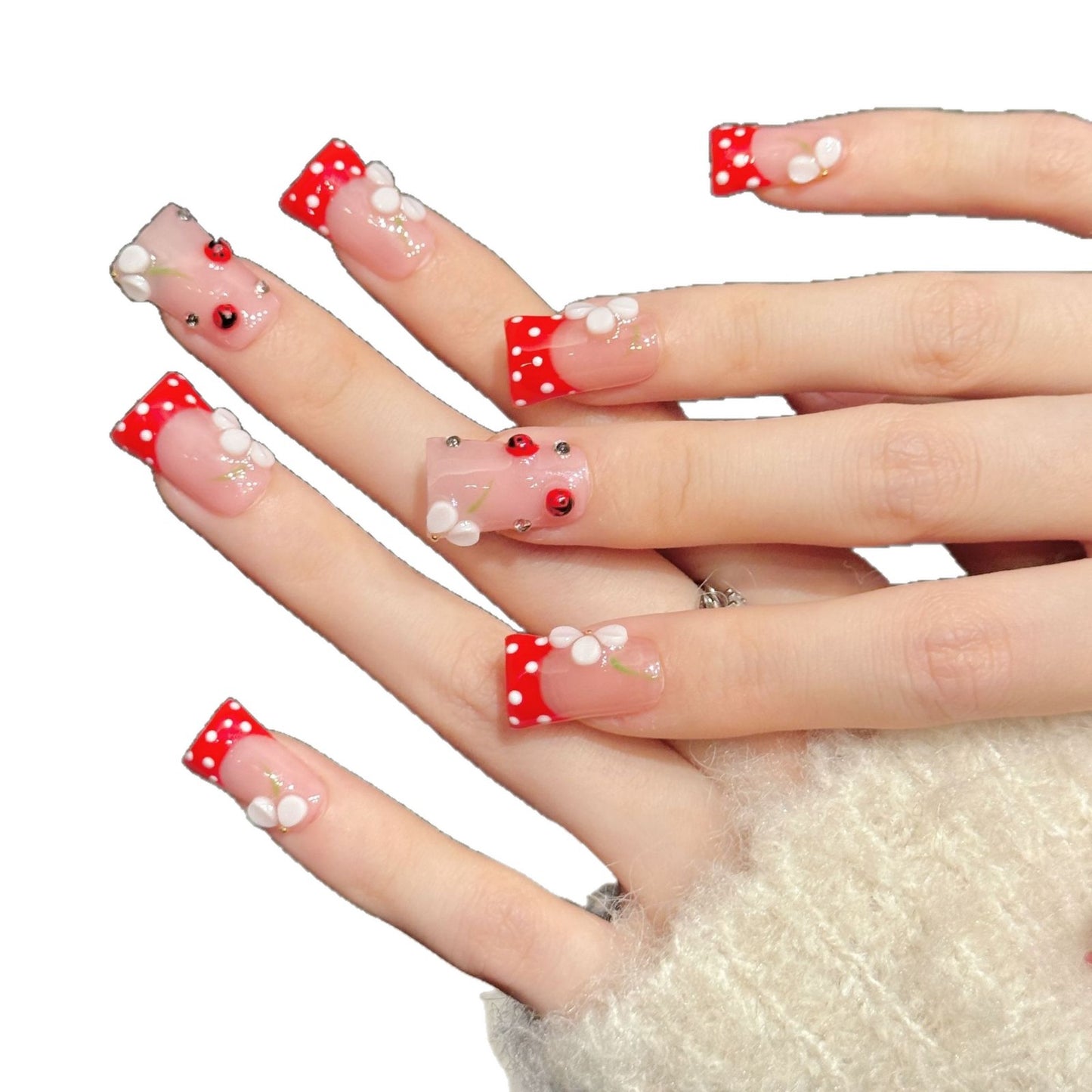 3395-Duck Nails - Red Polka Dot Press Ons | Short Square French Nails