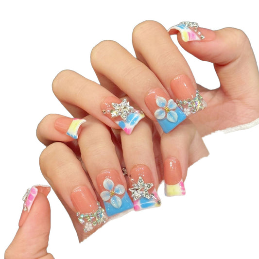 620-Pastel Galaxy Duck Nails | Silver Star & 3D Flower Flare Press On Nails | Dreamy Starry Art