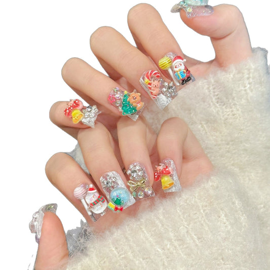 3181-Christmas Press On Nails | 3D Santa, Snowman & Reindeer Duck Nails | Holiday Nail Art