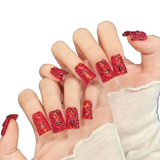 1034-Red Glitter Duck Nails | Full Crystal Crimson Flare Press On Nails