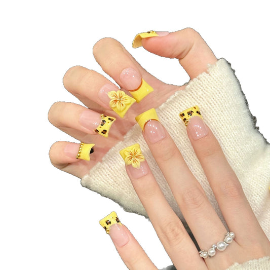 2920-Neon Leopard Duck Nails | Yellow Flare Press On Nails with 3D Flower
