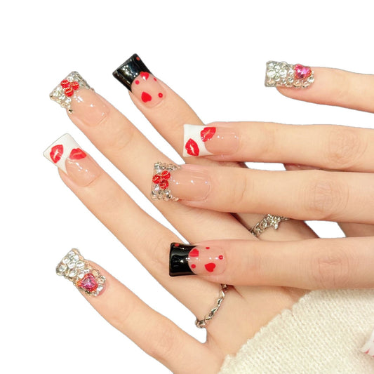 3289-Scarlet Kiss Duck Nails | Red Lips Flare Press On Nails with Crystal Hearts