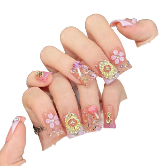 3286-Lavender & Pink Duck Nails | Flare Press On Nails with 3D Flowers & Butterflies