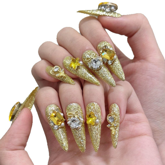 A6-Golden Amber Butterfly Press On Nails | Luxury Champagne Glitz Handmade
