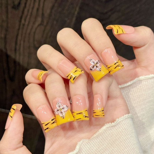 912-Artisan Hand-Painted Duck Nails | Yellow Tiger Stripe Flare Press Ons | 100% Handmade Custom Nail Art