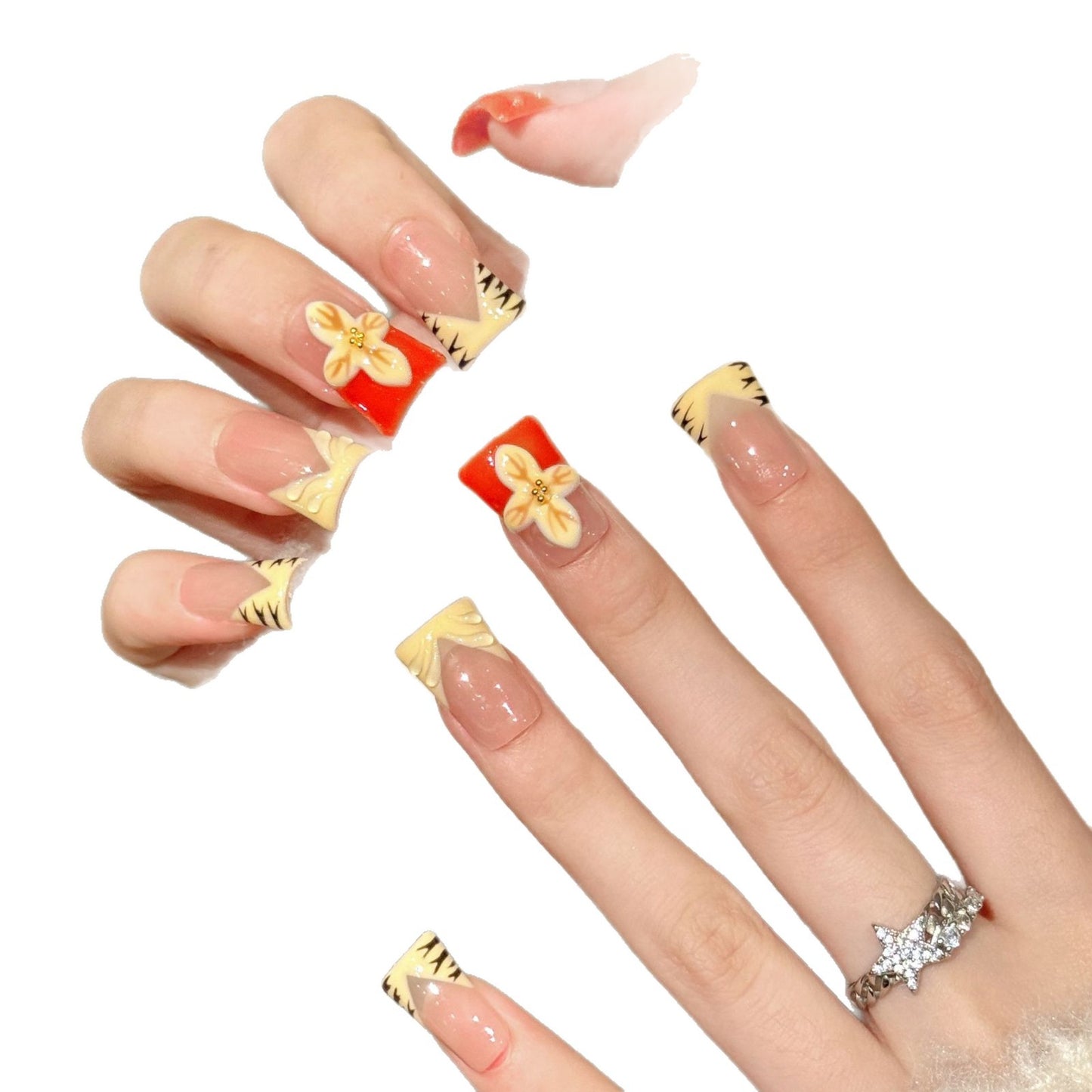 W251-Duck Nails - Orange French Tiger Press Ons | Short Square Floral Nails