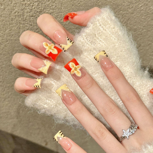 W251-Duck Nails - Orange French Tiger Press Ons | Short Square Floral Nails