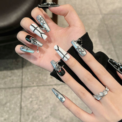 121-Gothic Black Silver Press On Nails with Skull & Cross Charms | Punk Y2K Statement Nails