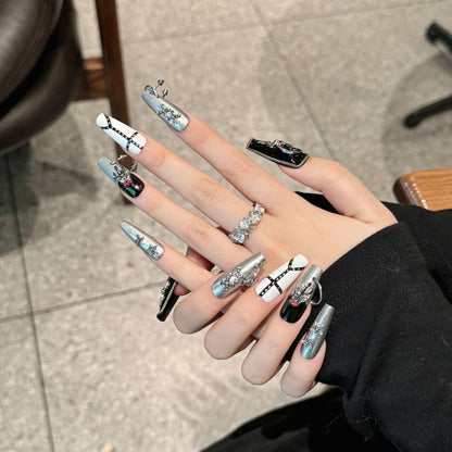 121-Gothic Black Silver Press On Nails with Skull & Cross Charms | Punk Y2K Statement Nails
