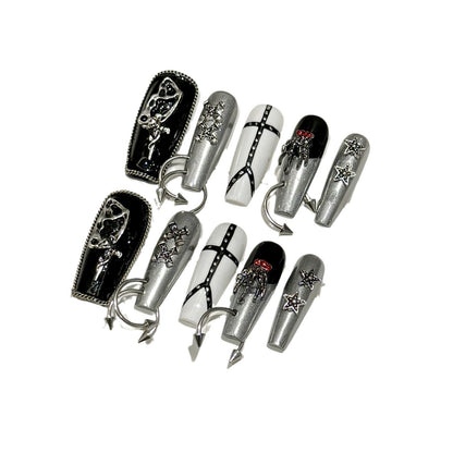 121-Gothic Black Silver Press On Nails with Skull & Cross Charms | Punk Y2K Statement Nails