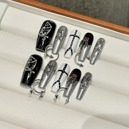 121-Gothic Black Silver Press On Nails with Skull & Cross Charms | Punk Y2K Statement Nails