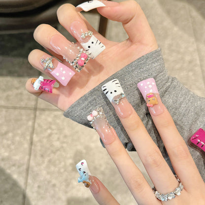 152-Artisan Hand-Painted Duck Nails | Tiger Stripe & Butterfly Press On Nails | 100% Handmade Custom Nails