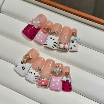152-Artisan Hand-Painted Duck Nails | Tiger Stripe & Butterfly Press On Nails | 100% Handmade Custom Nails