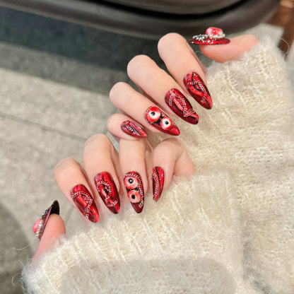 1682-Gothic Red Snake & Evil Eye Press On Nails | Metallic Chrome Y2K Halloween Set