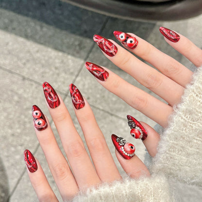 1682-Gothic Red Snake & Evil Eye Press On Nails | Metallic Chrome Y2K Halloween Set