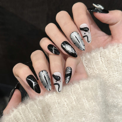 1686-Black Silver Galaxy Press On Nails with Metallic Heart | Y2K Dark Glam Set