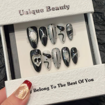1686-Black Silver Galaxy Press On Nails with Metallic Heart | Y2K Dark Glam Set
