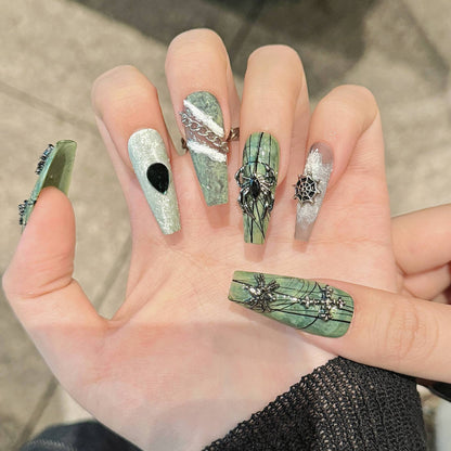 1872-Dark Green Spider Web Press On Nails with Spider Charms | Gothic Halloween Set