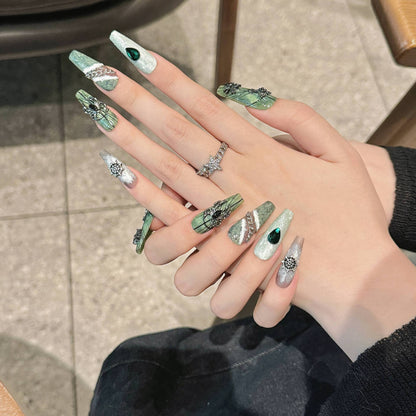 1872-Dark Green Spider Web Press On Nails with Spider Charms | Gothic Halloween Set