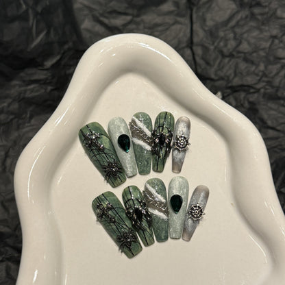 1872-Dark Green Spider Web Press On Nails with Spider Charms | Gothic Halloween Set