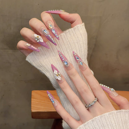 1930-Purple Ombre Rhinestone Press On Nails with 3D Flower | Elegant Glam Set